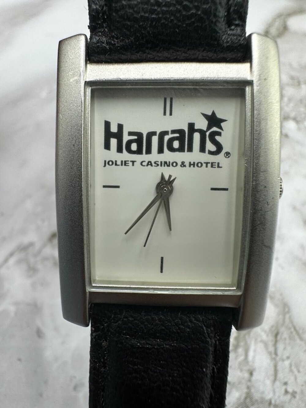 Harrah's Casino Watch Silver Tone Men Women Black Leather Buckle Band 9"